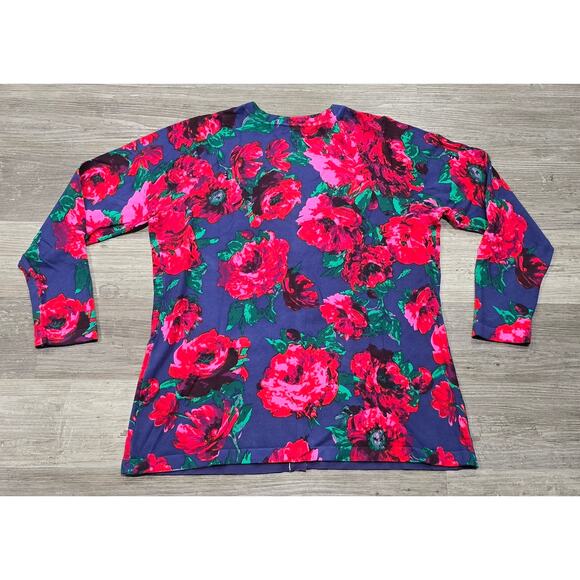 Isaac Mizrahi Live! Red & Blue Floral Print V Neck Button Front Cardigan Sweater - Picture 2 of 7